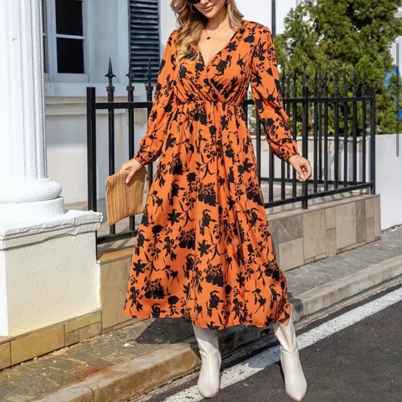 New Midi Floral Thigh Split Brown Orange Rust Color Mix Dress Surplice V Neck - Picture 6 of 16